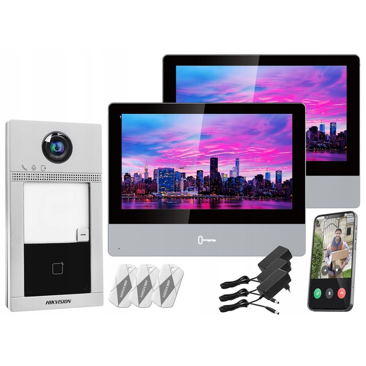 Комплект видеодомофон Hikvision Villa, 2 монитора 7" IPS, FullHD, черно-сив, 174x91x29mm