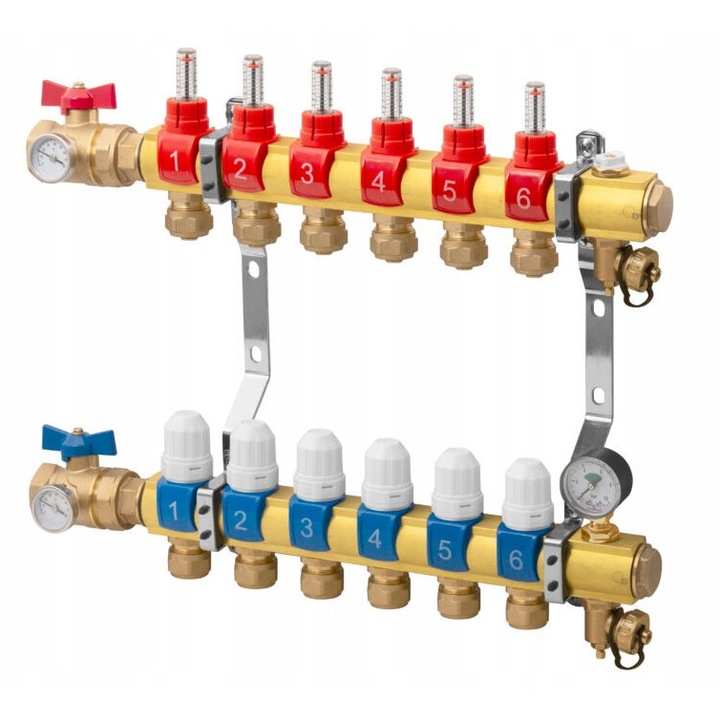 Distribuitor pentru incalzire in pardoseala Diamond, 13 circuite, cu manometru si robineti de inchidere, dimensiuni 16x25cm