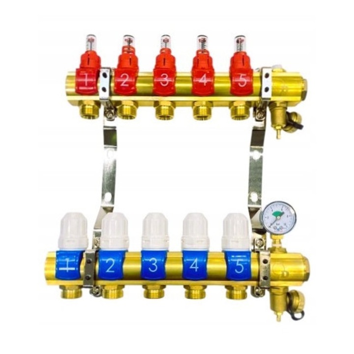 Set distribuitor 5 sectiuni pentru incalzire in pardoseala, DIAMOND, manometru, 1 inch, PEX 16 mm