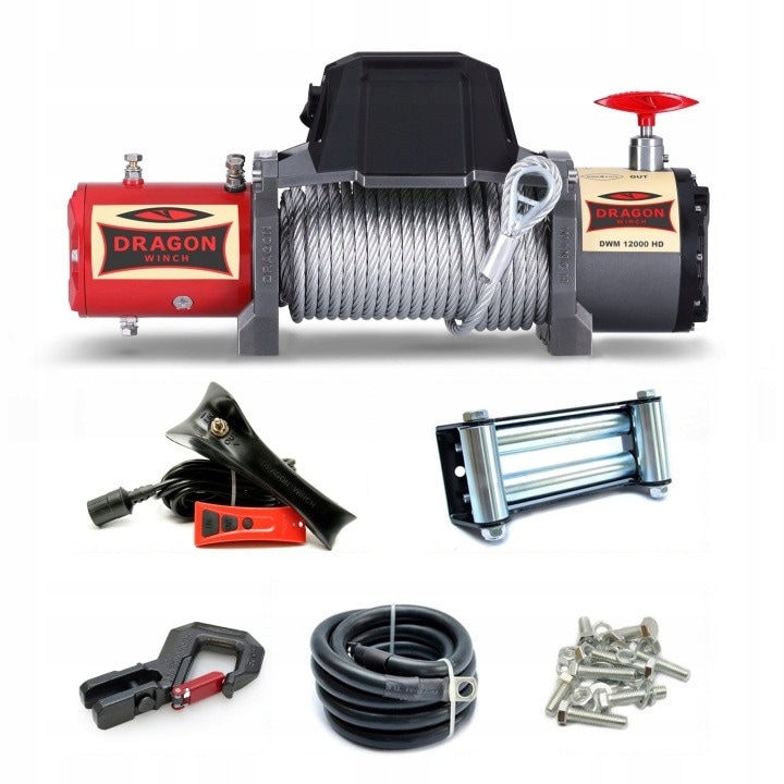 Winch electric Dragon Winch DWM 12000 HD, 12V, 20m, 5443 kg, rezistent la apa, set complet