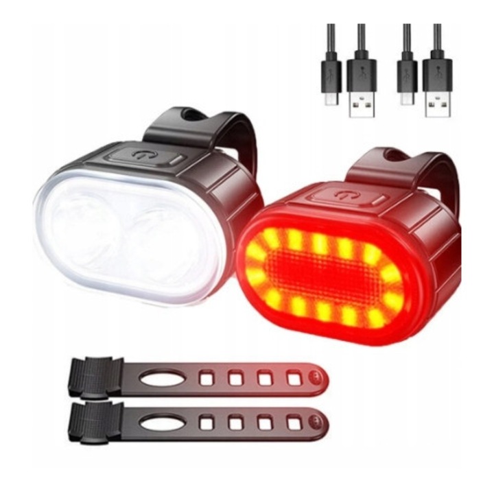 Set lampi bicicleta INTMIX, LED, fata si spate, rezistente la apa, incarcabile USB, dimensiuni compacte