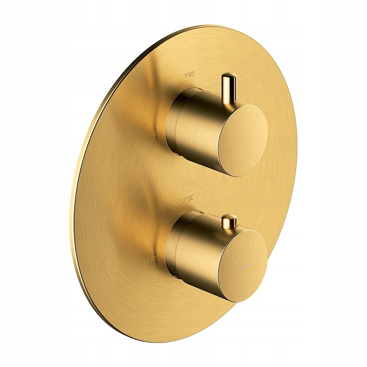 Omnires termosztátos zuhany- és kádfali csaptelep, felületre szerelhető elem, szálcsiszolt arany, rozetta mérete: o20 cm, BOXTE2F beépíthető elemmel együtt