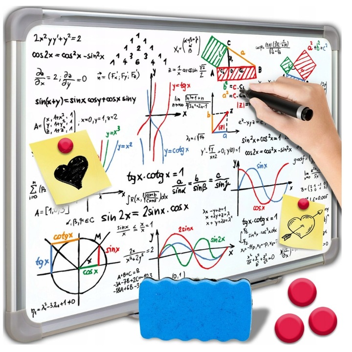 Tabla magnetica uscata, 60x45 cm, alba, set cu 4 magneti si markere rosu si negru