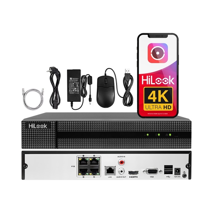 IP PoE рекордер HiLook NVR-4CH-5MP/4P, 4 канала, 8Mpx, H.265, 265x225x48mm