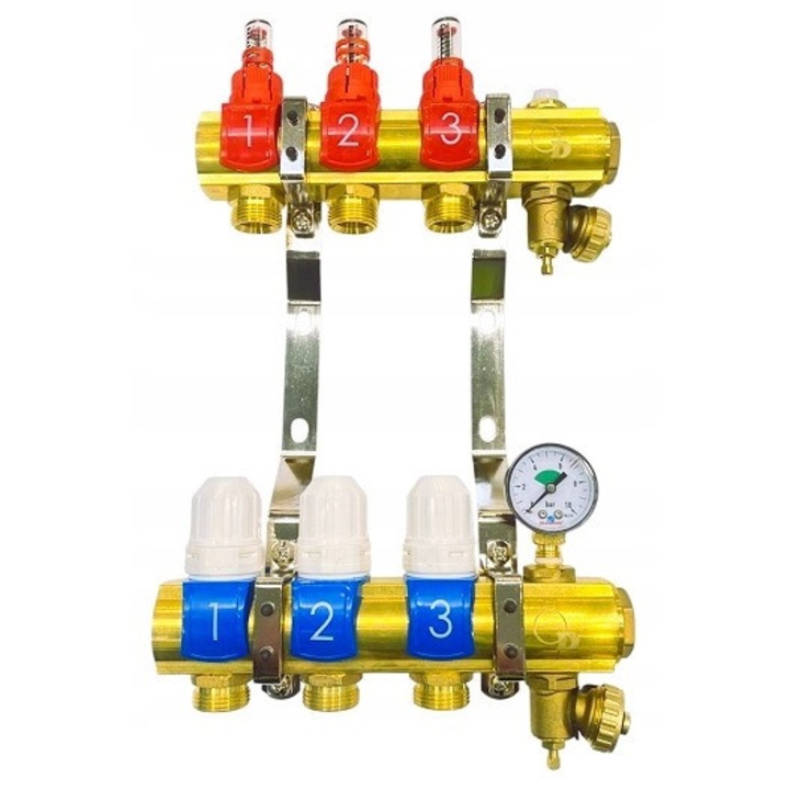 Set distribuitor 3 sectiuni pentru incalzire in pardoseala, Diamond, cu manometru, 1 inch, PEX 16 mm