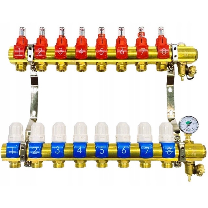 Set rozdzielator 8 sectiuni pentru incalzire in pardoseala, DIAMOND, manometru, 1 inch, PEX 16 mm
