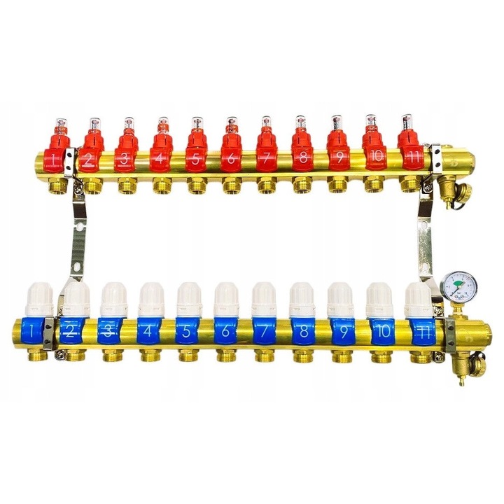 Set distribuitor 11 sectiuni pentru incalzire in pardoseala, Diamond, manometru, 1" filet interior, PEX 16mm