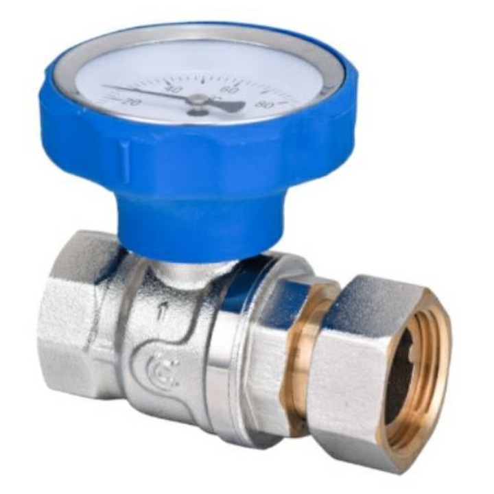 Robinet cu bila Calido 1" cu termometru, 30 bar, 0-120°C, albastru