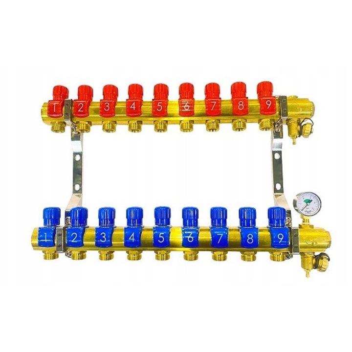 Distribuitor 9 sectiuni cu manometru, DIAMOND, pentru instalatii de incalzire centrala, cu racorduri DN 25, valve DN 15-K
