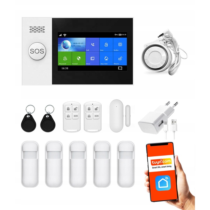 Sistem alarma wireless PG107, 5 senzori de miscare, senzor magnetic pentru usi/fereastra, GSM, WiFi, 160x98x19mm