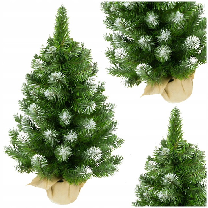 Brad de Craciun artificial, 50 cm, verde cu efect de zapada, 60 ramuri, baza stabila