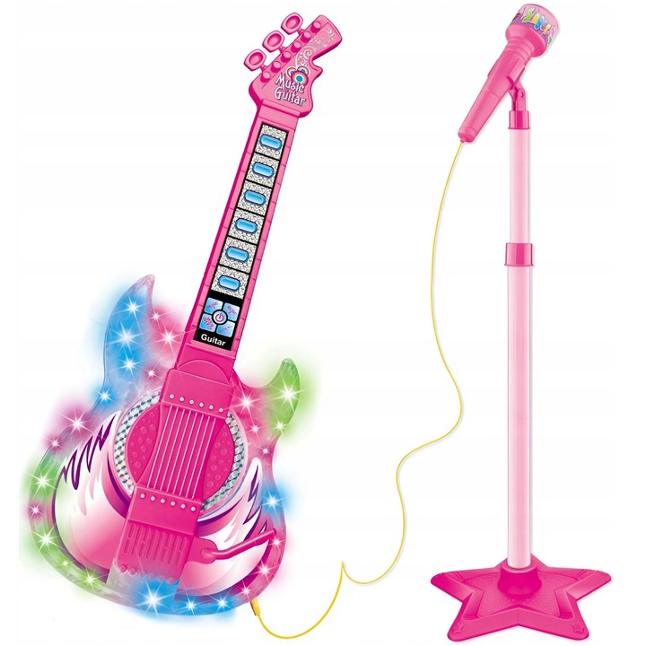 Set muzical pentru copii, chitara electrica cu microfon si stativ, efecte luminoase, multicolor