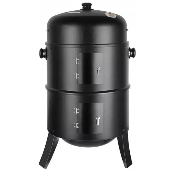 Gratar metalic carbuni inchis 3 nivele cu capac si termometru, cos fum reglabil, recipient apa, 80x44x38 cm