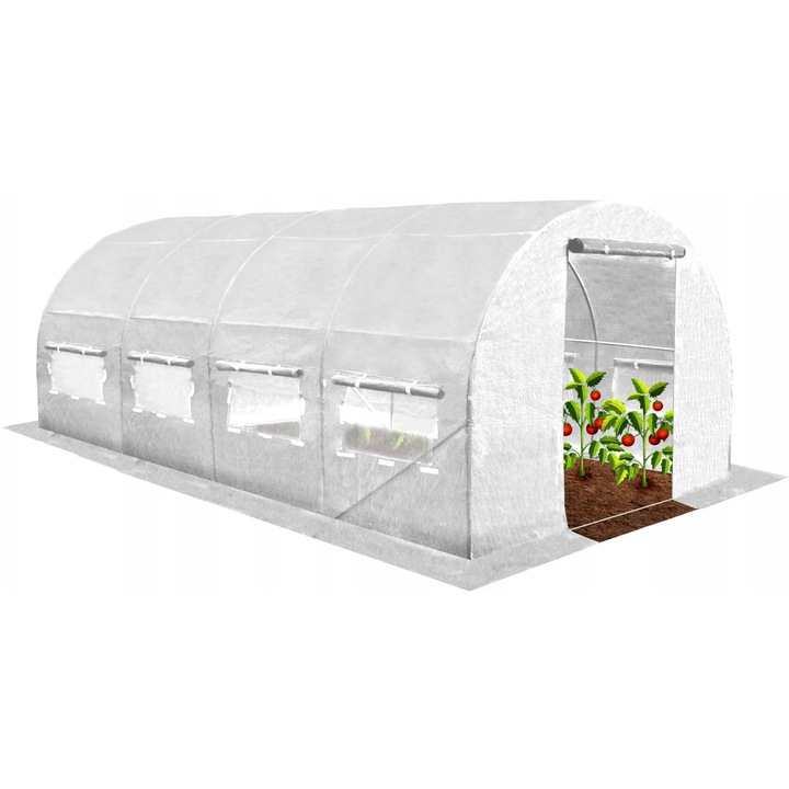 Sera gradina tip tunel 300x600x200 cm, folie PE 140g/m2 UV4, usa fermoar, ferestre cu plase tantari, 18 mp, alb