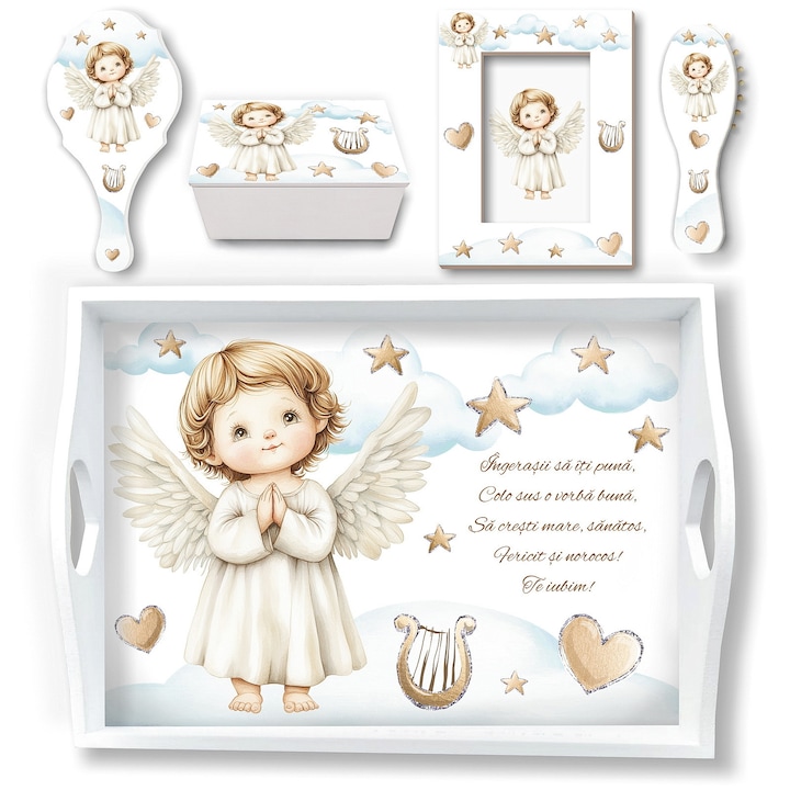 Set Tava Mot Baiat Ingeras cu accesorii pentru taierea motului, cadou aniversare 1 an