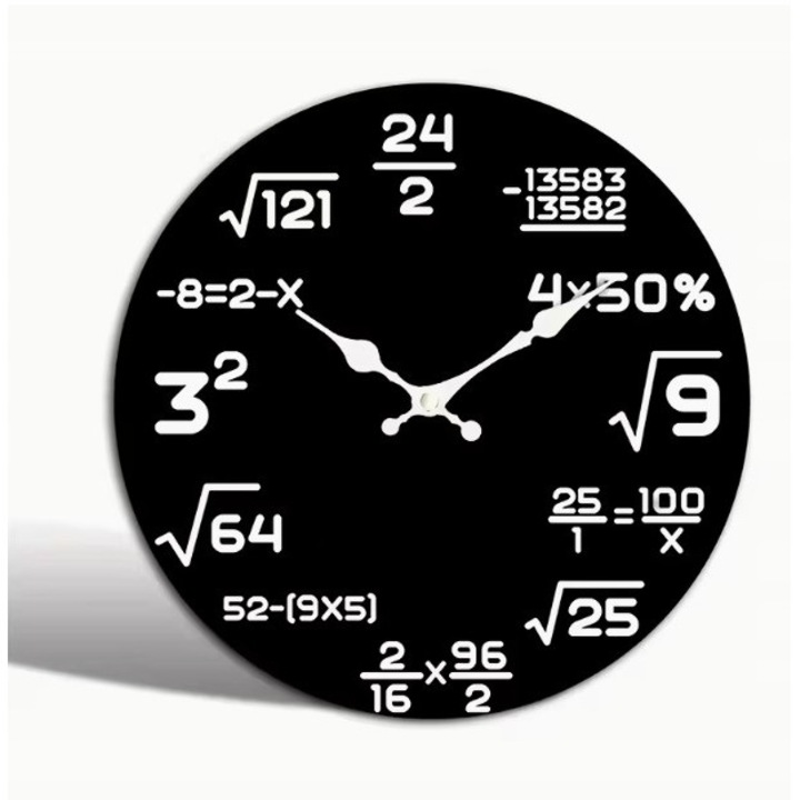 Ceas de perete matematic, fara marca, 30 cm, miscare silentioasa cu cuart, design educational, cadran negru, simboluri matematice albe, alimentat cu baterii AA, design usor, rotund, analog, lemn, decorativ, perfect pentru camera unui copil, sala de
