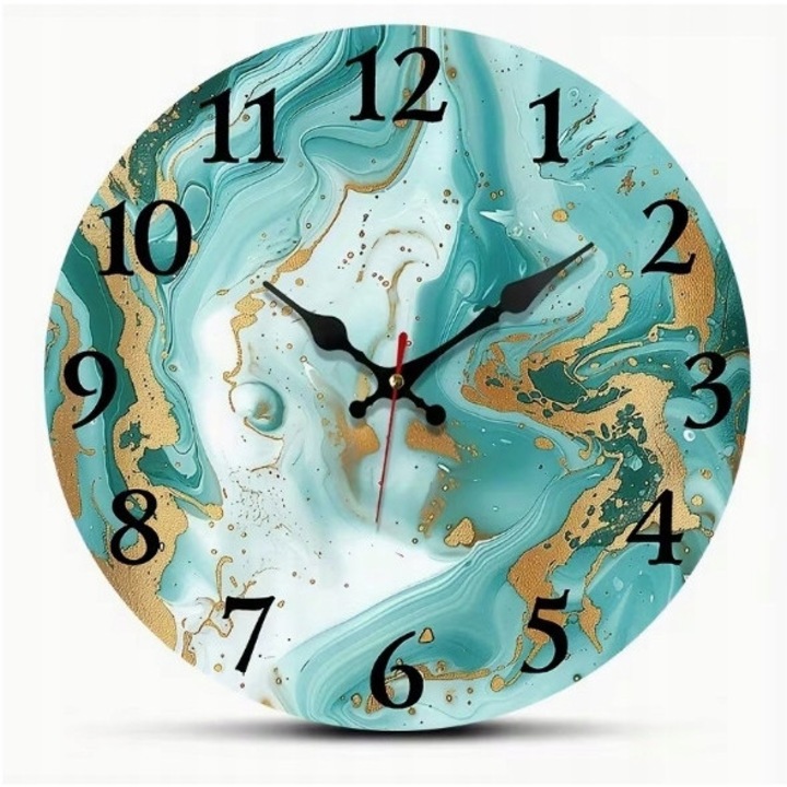 Ceas de perete decorativ, fara marca, 30 cm, miscare silentioasa cu cuart, efect de marmura, cifre aurii 3D, functionare cu baterii AA, instalare usoara, stil modern, perfect pentru living, dormitor, birou, cadou, culoare turcoaz, material lemnos