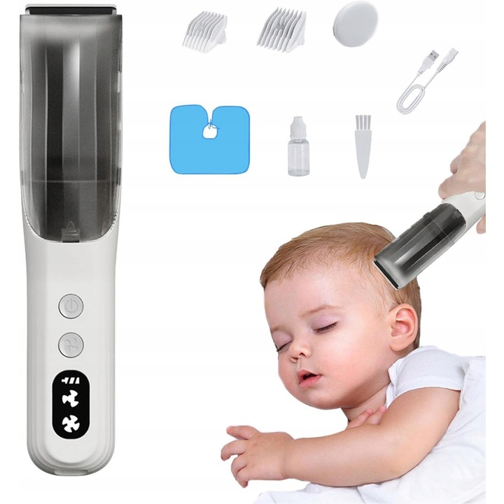 Masina de tuns pentru copii, Heelly, reincarcabila, fara fir, 1200 mAh, absoarbe parul, impermeabila, silentioasa, ergonomica, cu accesorii de 3/6 mm si 9/12 mm, alba, setul include: masina de tuns, accesorii, perie de curatare, cablu USB, sort