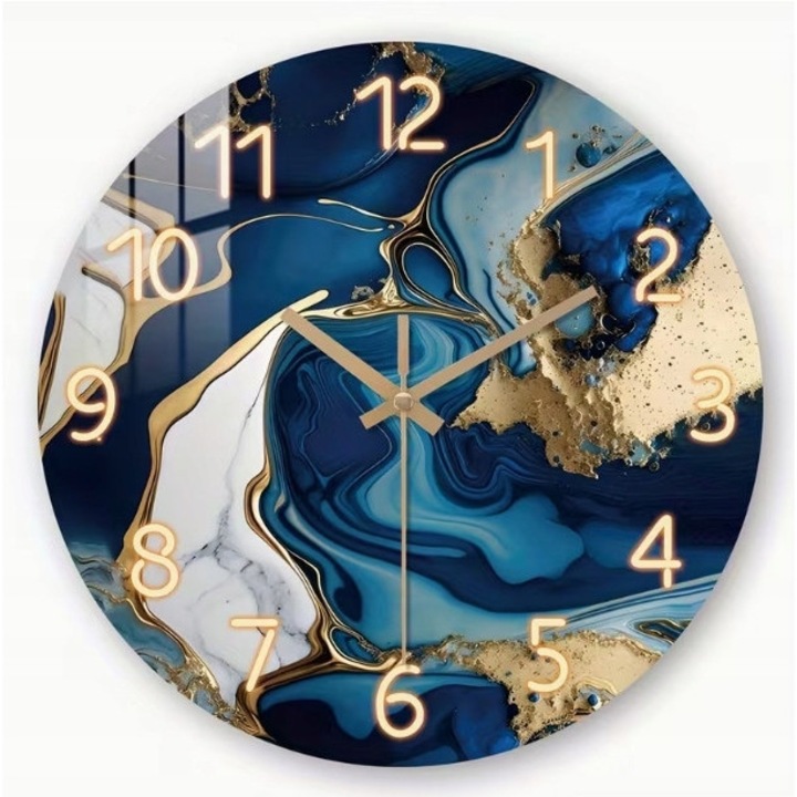 Ceas de perete decorativ, fara marca, 30 cm, mecanism cu cuart silentios, efect de marmura, cifre aurii 3D, alimentare cu baterii AA, instalare usoara, perfect pentru interioare moderne, cadou, culoare turcoaz, material lemnos, analog, rotund, cifre