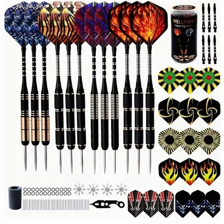 Set de darts, fara marca, 12 piese, 14 g, varfuri din otel, aripioare aerodinamice, ideale pentru jocuri de acasa si de club, multicolore, setul contine 12 darts, otel, noi, originale