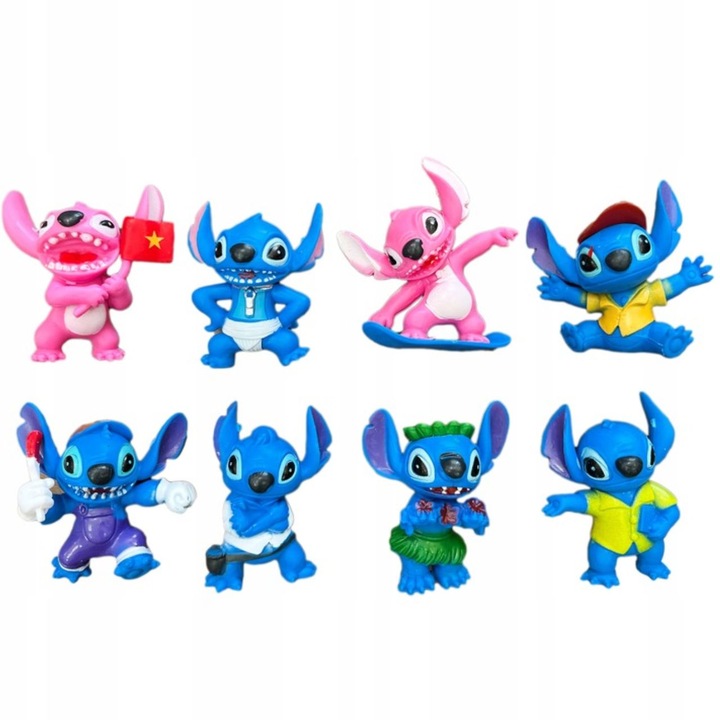 Set de figurine, Lilo si Stitch, 8 piese, inaltime 6-9 cm, plastic rezistent, dezvolta imaginatia, ideal pentru copii peste 3 ani, respecta standardele de siguranta CE, multicolor, setul contine 8 figurine, inclusiv Stitch in diverse versiuni, originale