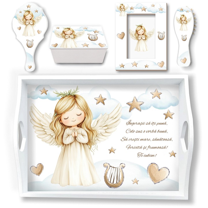 Set Mot Fetita Ingeras Premium, Tavita Mot Fete cu Accesorii, Cutie Mot, Rama Foto, Oglinda, Perie, Set Ruperea Turtei, Prima Aniversare, Cadou 1 An