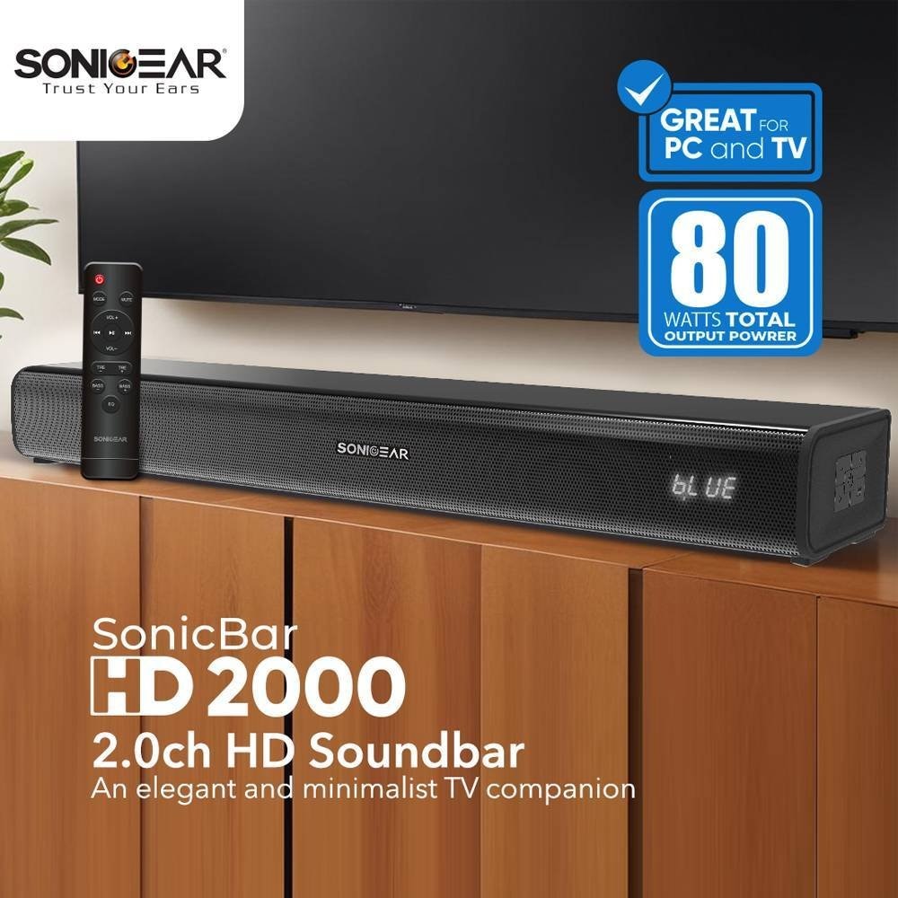 Soundbar Sonic Gear Sonic Bar HD 2000, 2.0 canale, 80W, Bluetooth, 610x105x62mm, negru