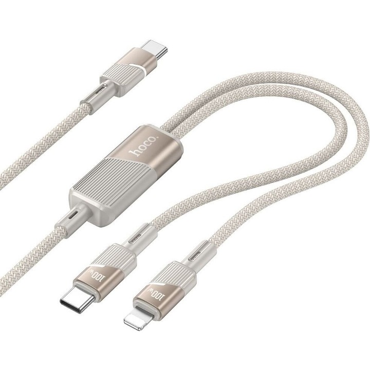 Cablu de date 2 in 1 Hoco USB-C la USB-C/Lightning 100W 1.2m, Auriu