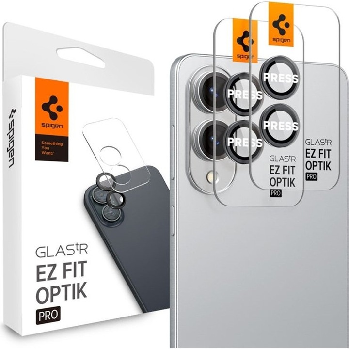 Folie protectie camera Spigen Optik Pro GLAS.TR EZ Fit, 2 bucati, sticla temperata 9H, neagra