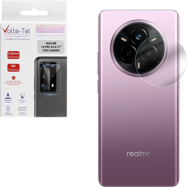 Folie protectie camera, Volte-Tel, Tempered Glass 9H 0.30mm, pentru Realme 14 Pro 5G, 6.77 inch, set inclus