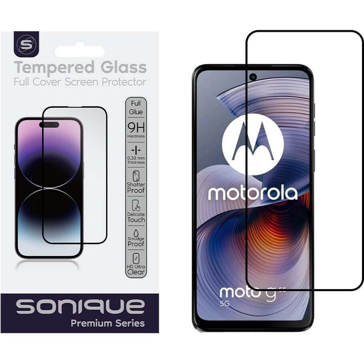 Folie protectie Sonique Hardy Glass Full Cover 9H, pentru Motorola Moto G55 5G, 0.33mm, HD, negru