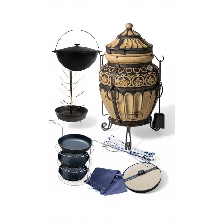 Set complet gratar mobil Grand Tandyr, ceramica, 100L, maro, cu tandoor, grila pe trei niveluri, 6 frigarui, 3 tigai, ceaun fonta 8L