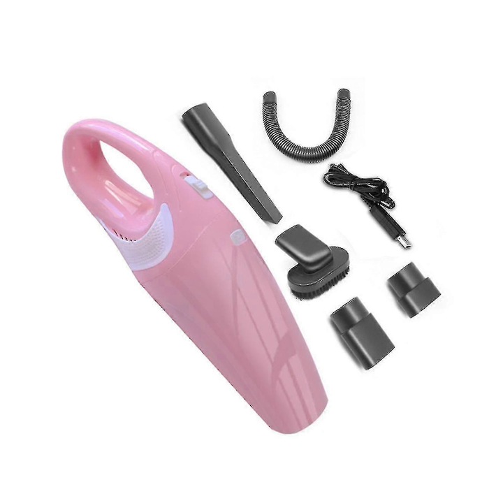 Aspirator auto portabil, roz-alb, alimentat prin USB, putere 120W, capacitate baterie 2700mAh