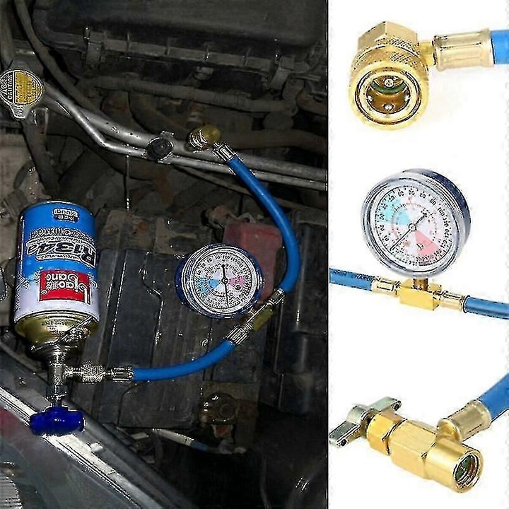 R134A hűtőközeg töltőtömlő nyomásmérővel, 20x20cm, kék-arany, 1 db-os készlet