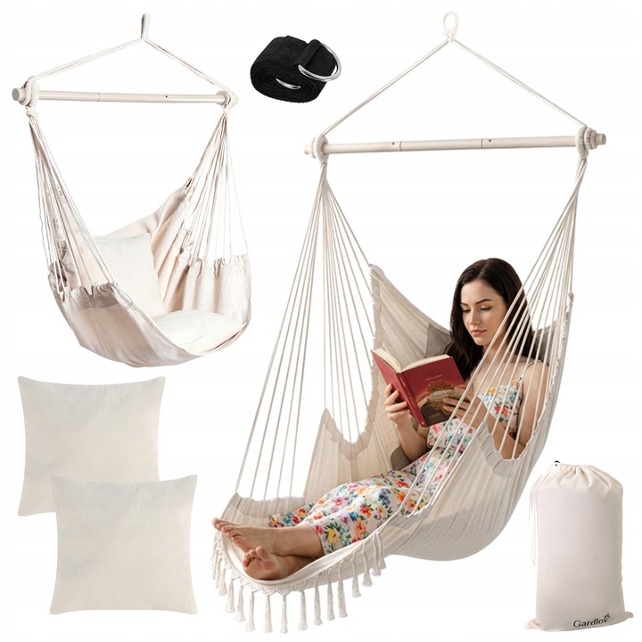 Scaun suspendat tip hamac brazilian 210 cm bej cu perne, balansoar gradina tip cocon, scaun hanging chair rezistent 150 kg pentru interior si exterior