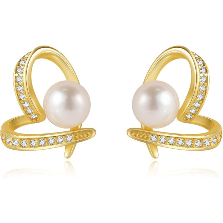 Cercei inima cu perle, aur 18K, zirconiu cubic, cercei tip stift la moda si draguti pentru femei