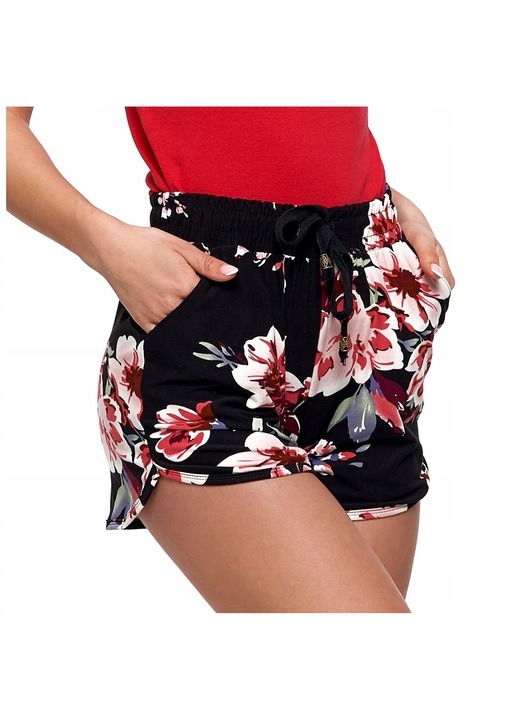 Női rövidnadrág, Moraj, Poliészter/Elasztán, Fekete, Virágmintás