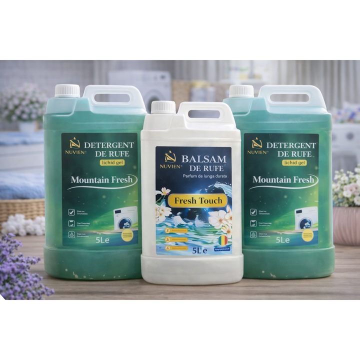 Set detergent rufe NUVIEN 5L x2 Mountain Fresh + balsam 5L Fresh Touch, cu bicarbonat, parfum intens, curatare profunda, oferta avantajoasa, 200 spalari