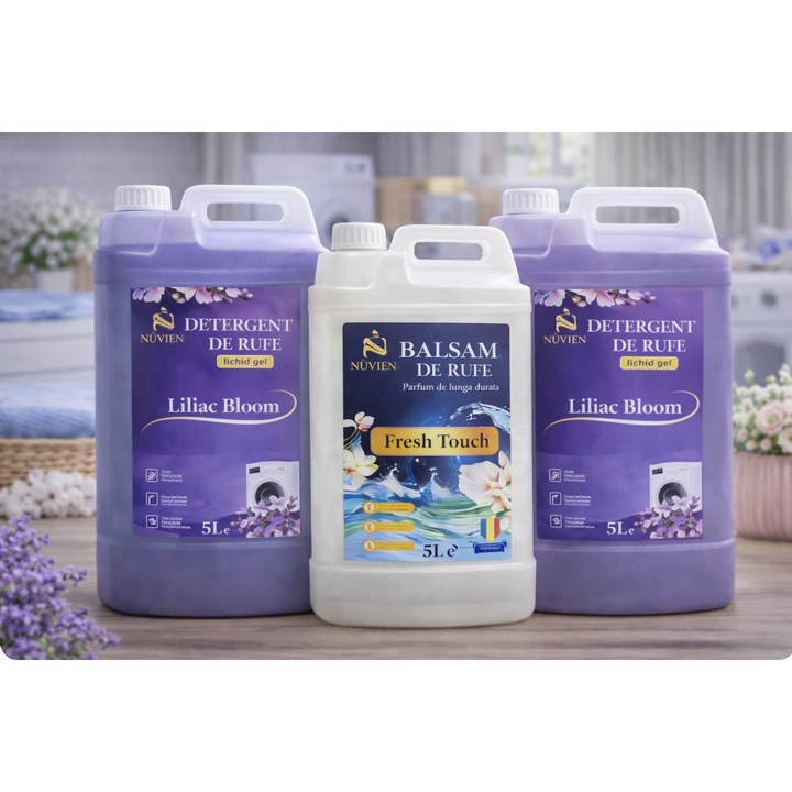 Set detergent rufe NUVIEN 5L x2 Lilac Bloom + balsam 5L Fresh Touch, cu bicarbonat, parfum intens, curatare profunda, oferta avantajoasa, 200 spalari