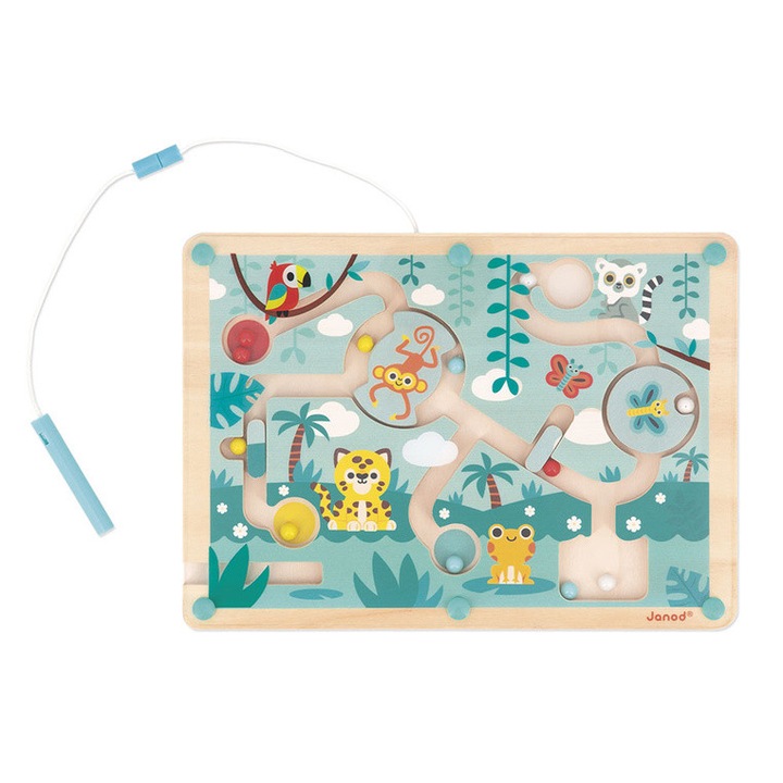 Labirint magnetic Janod, joc de dexteritate din lemn, 12 bile, 25x1,3x18cm, pentru copii 2+