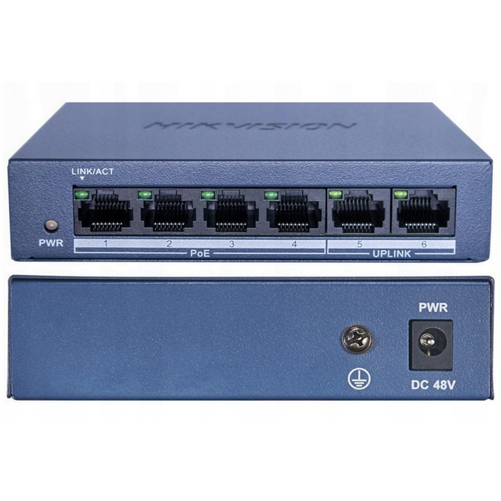 PoE Switch 4 portos, Hikvision DS-3E0106MP-E/M, 2 Uplink port, 100Mbps, 121x28x83mm