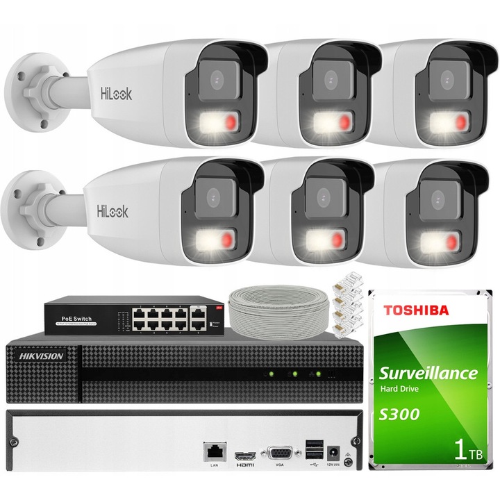 Set monitorizare IP 6 camere 2Mpx HiLook, 1x rejestrator 8 canale, 1TB, LED+IR 50m, IP67