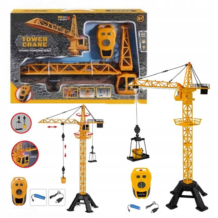 Játék építőipari jármű, Madej, Dzwig RC, 99cm, sárga, fedett pilótafülkével.