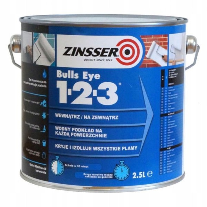 Vopsea acrilica universala Zinsser Bulls Eye 1-2-3, 2,5 l, alb, pentru interior si exterior