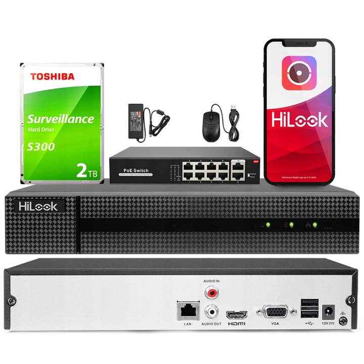 HiLook NVR-8CH-5MP IP rögzítő, 8 csatornás, 8Mpx, PoE Switch, 2TB merevlemez
