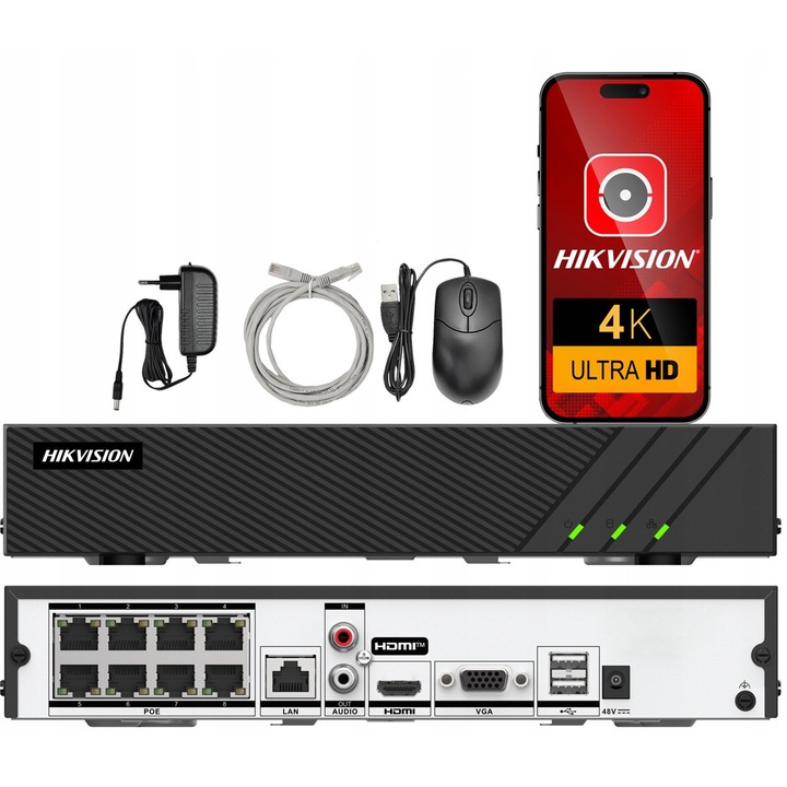 NVR IP / inregistrator Hikvision DS-7608NI-Q1/8P, 8 canale, switch PoE 8x integrat, pana la 8MP (4K), 1x SATA pana la 8TB, Negru