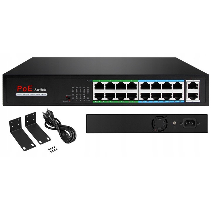 PoE суич 16 порта, 2 Uplink, 160W, 10/100Mbps, размери 181x44,5x270,5mm