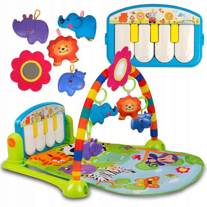 Covor interactiv educational Ricokids cu pian, 5 jucarii, 76x52x43cm, multicolor