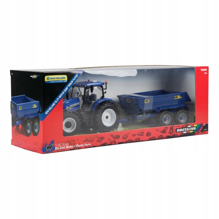 Britains New Holland T6 játék traktor pótkocsival, 1:32, többszínű