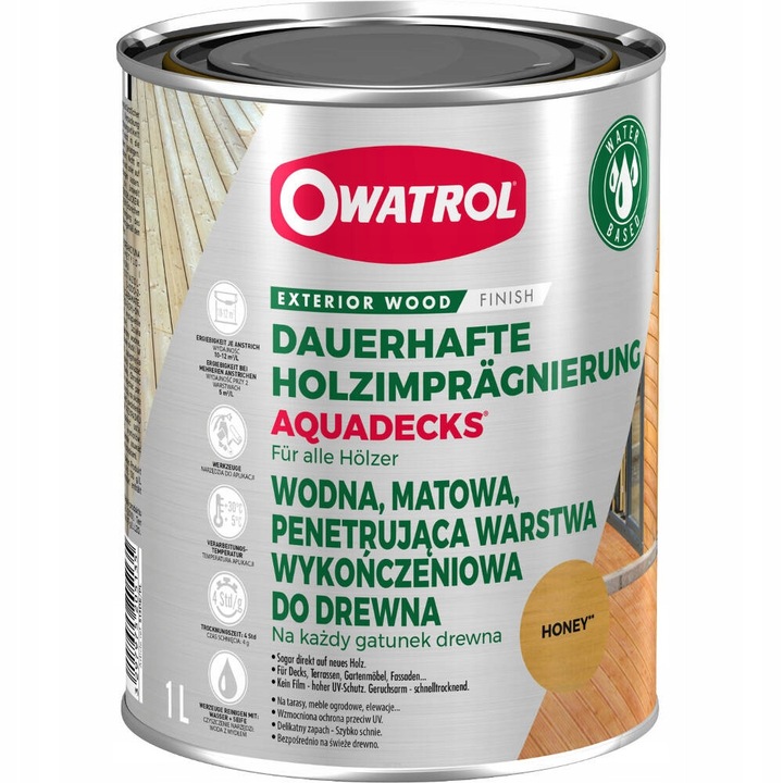 Saturator pentru toate tipurile de lemn, Owatrol AQUADECKS, 1L, culoare Honey, mat, ecologic